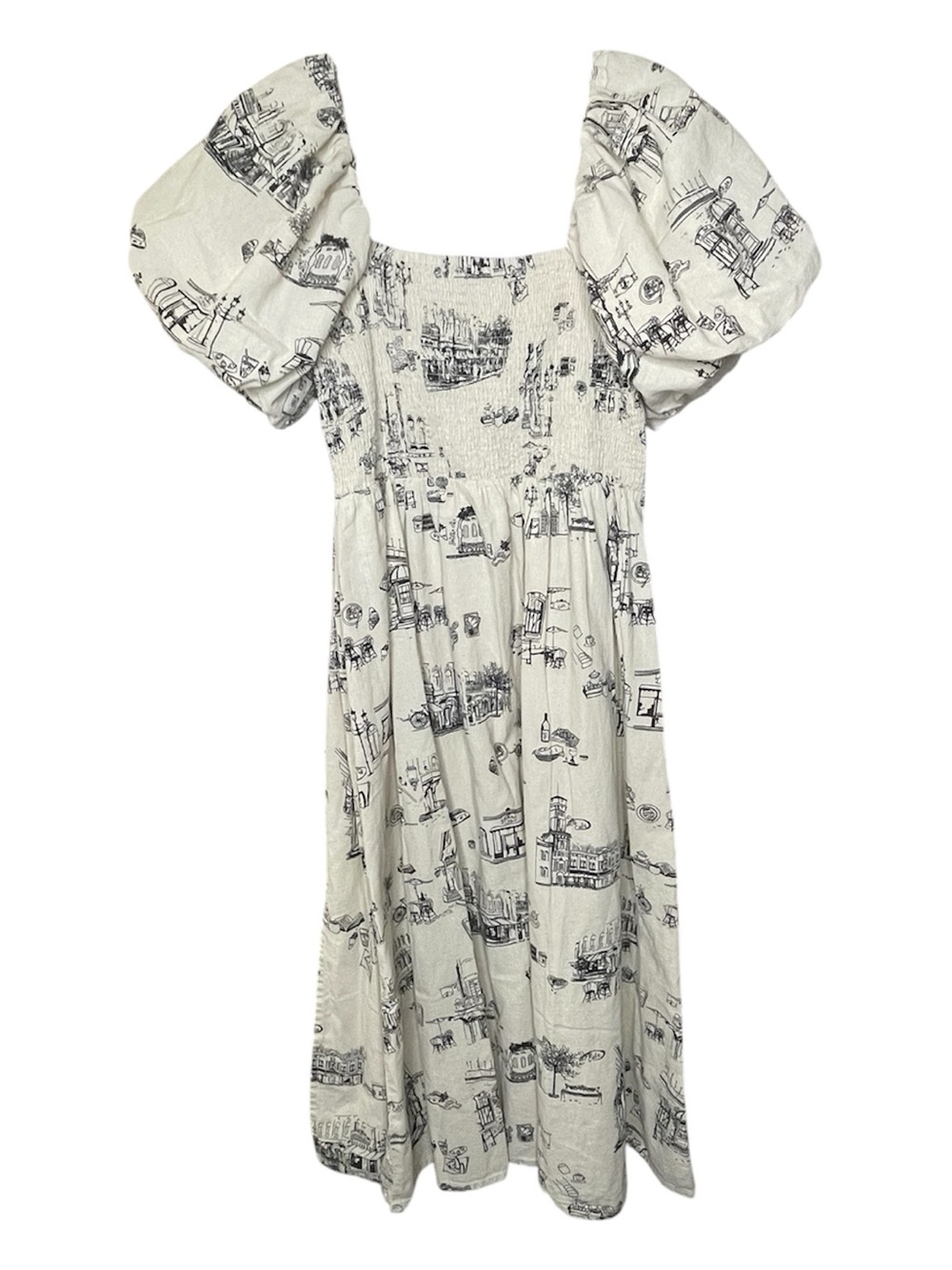 Tulip Creations Women’s Cream Puff-Sleeve Bistro Printed Midi Dress Sz M - Picture 3 of 4